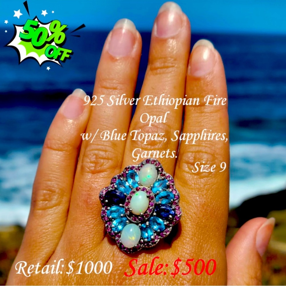 925 Sterling Silver, Ethiopian Fire Opal, Blue Topaz, Sapphires & Garnets Ring!!